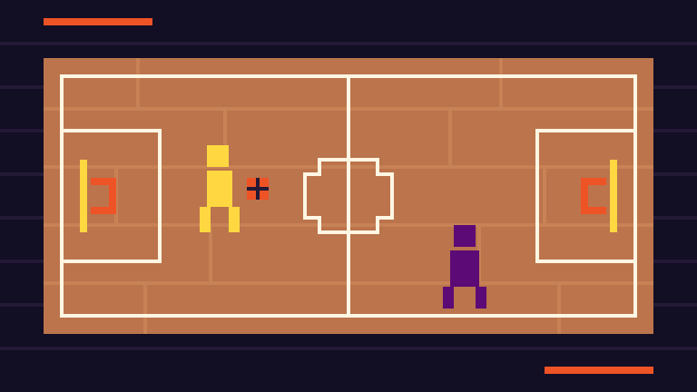 Original pixel basketball court illustration with a yellow player and a purple player; not a game screenshot