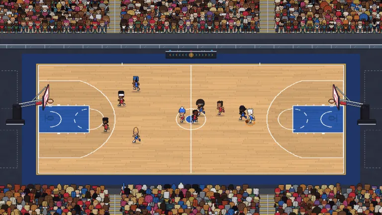 Top-down pixel court in Roblox Pixel Basketball, with red and blue players